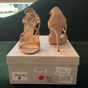 Jimmy Choo Lang rose gold heels with crystals.